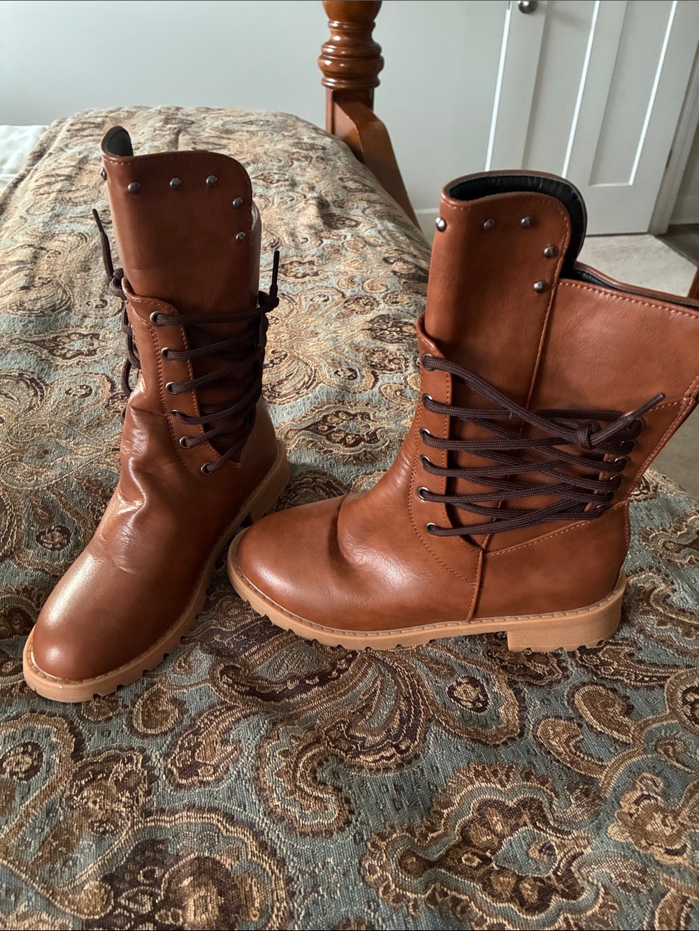 Leather Lace-Up Combat Boots in Cognac Brown - Women